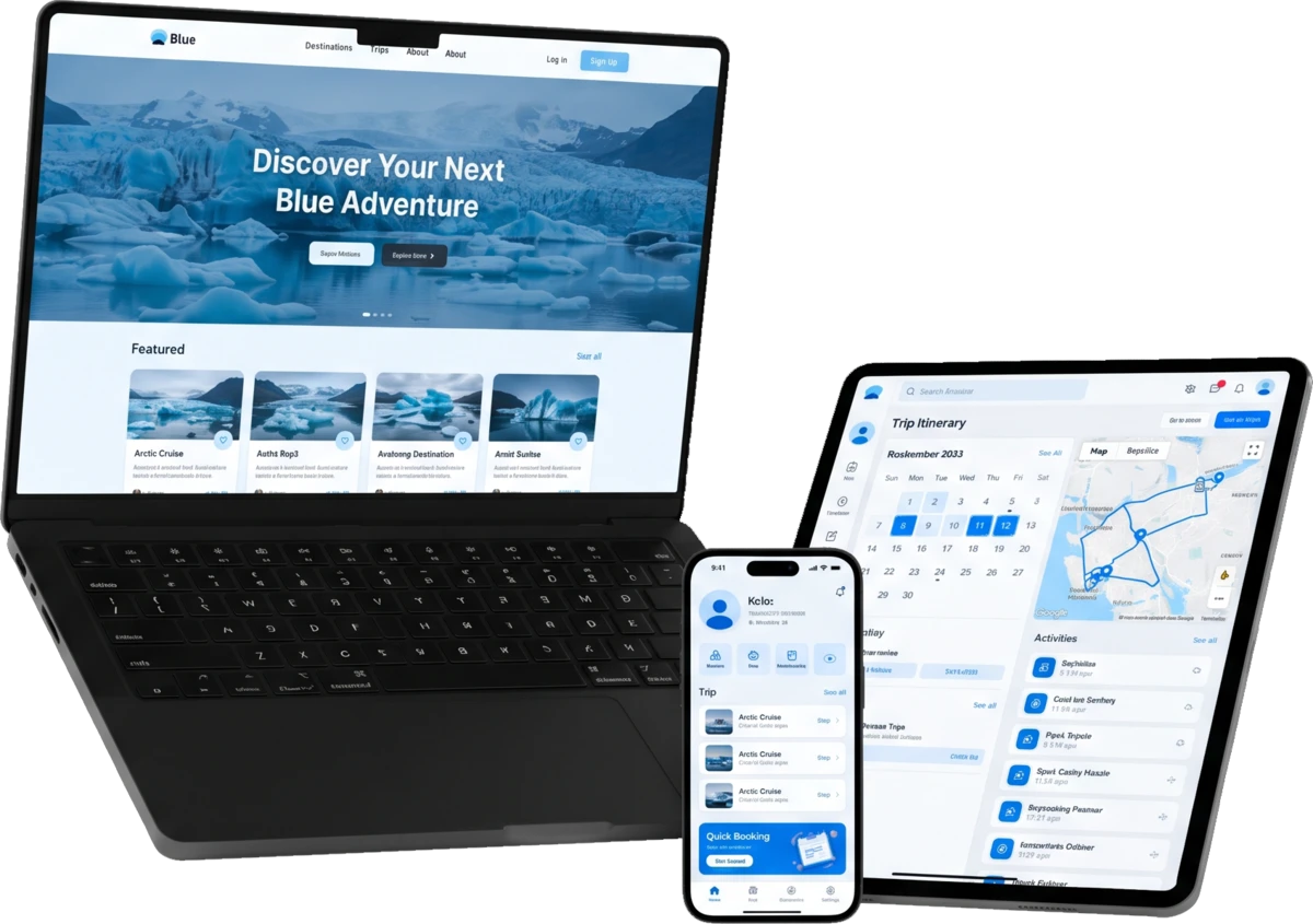 Website and travel app mockup displayed on a laptop, tablet, and phone