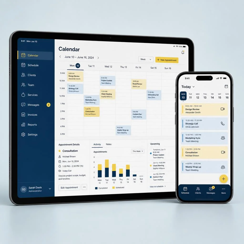 Realistic app mockup showing a scheduling dashboard on a tablet and smartphone