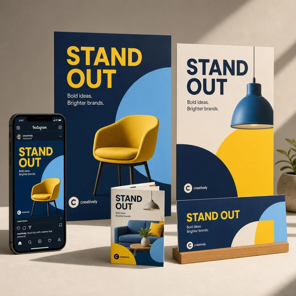 Advertising campaign concept with coordinated social media posts and printed promotional materials