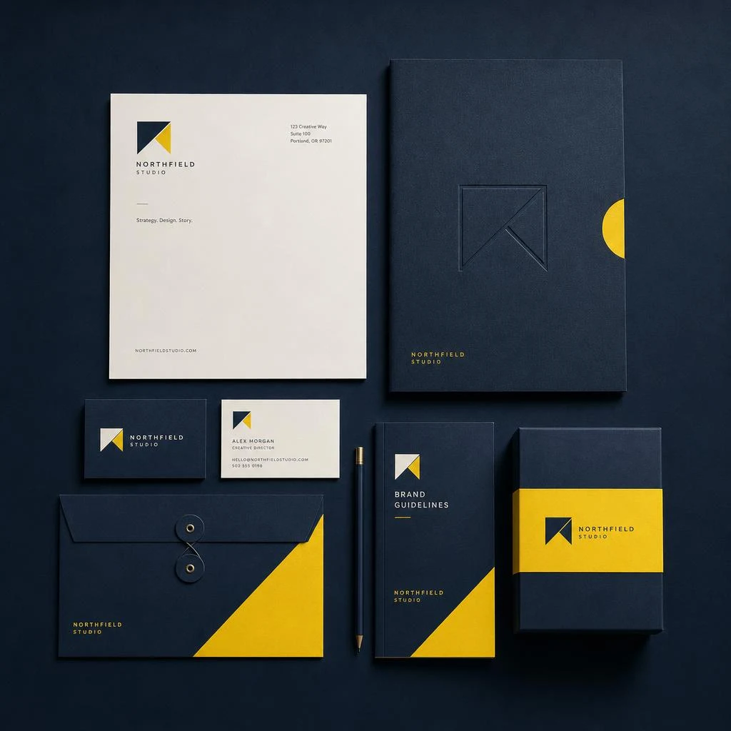 Brand identity concept with a coordinated logo, business cards, and stationery