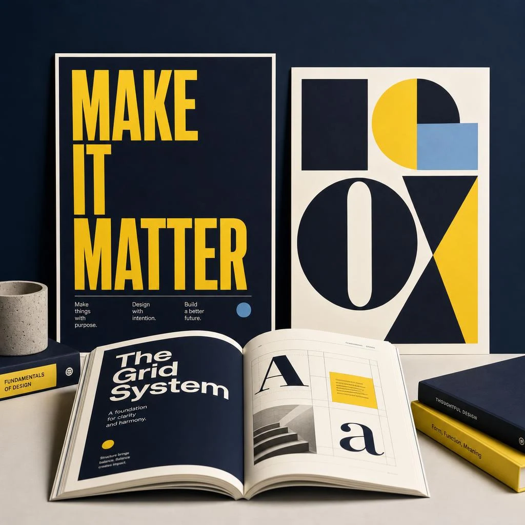 Typography and editorial design concept featuring bold posters and an open design book