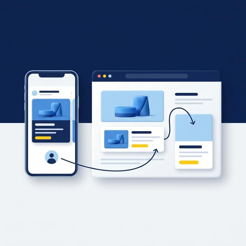 Conceptual display advertising and remarketing illustration showing relevant ads on desktop and mobile