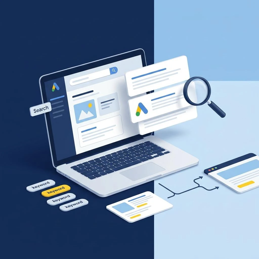 Conceptual Google Ads search campaign illustration with keyword research, search ads, and landing pages