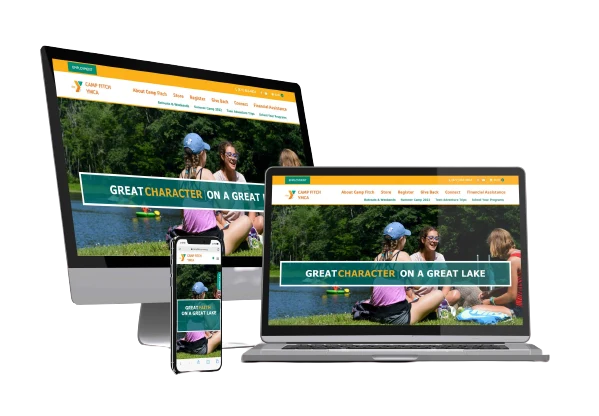 Camp Fitch YMCA website displayed on desktop, tablet, and mobile devices