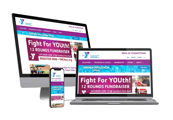 YMCA of Youngstown website displayed on desktop, tablet, and mobile devices
