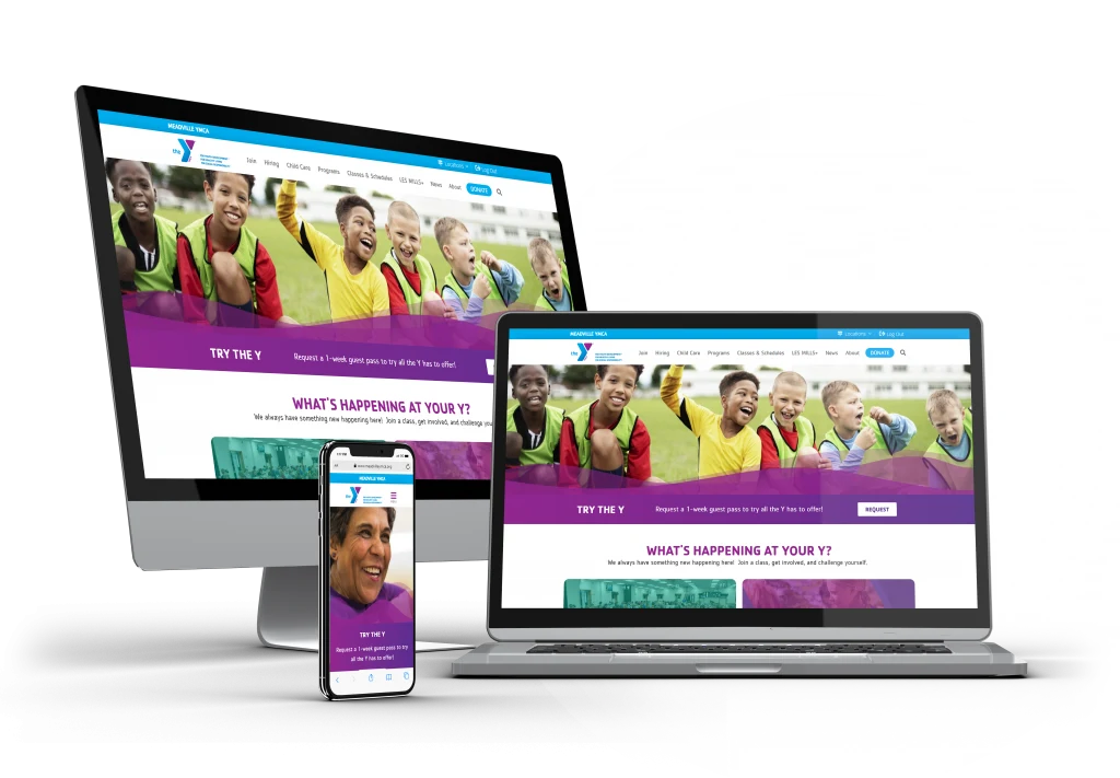 Meadville Family YMCA responsive website mockup on desktop, laptop, and mobile